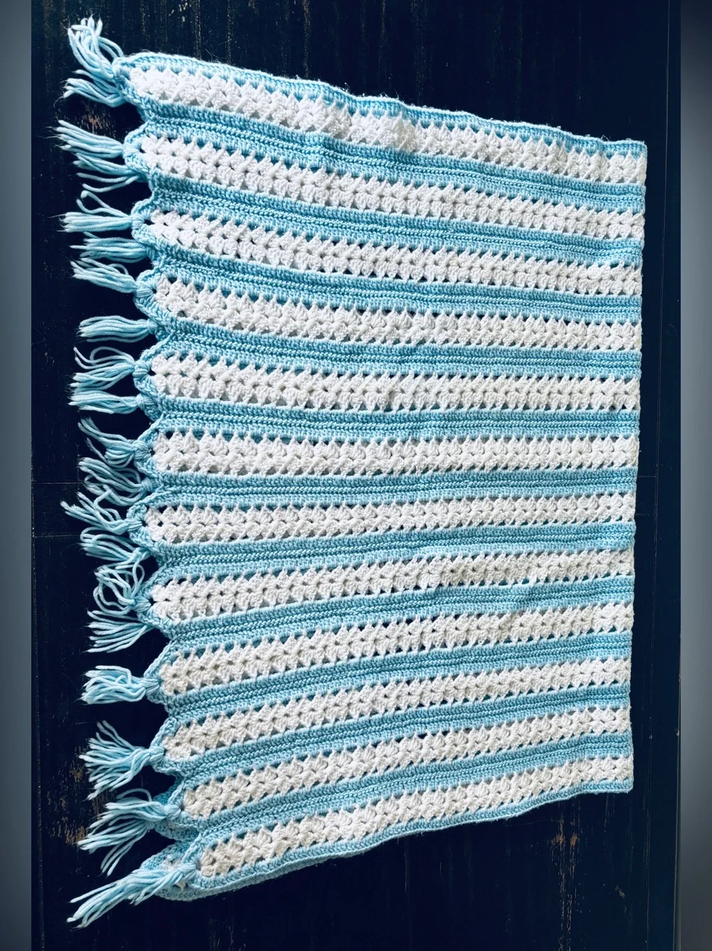 Vintage Handmade Crochet  Blue White Striped Afghan Blanket Throw 58x38